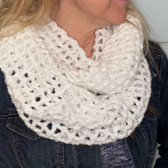 Hand Crafted Accessories - Handmade Crocheted Infinity Scarf White with Metallic Sparkle and Shine